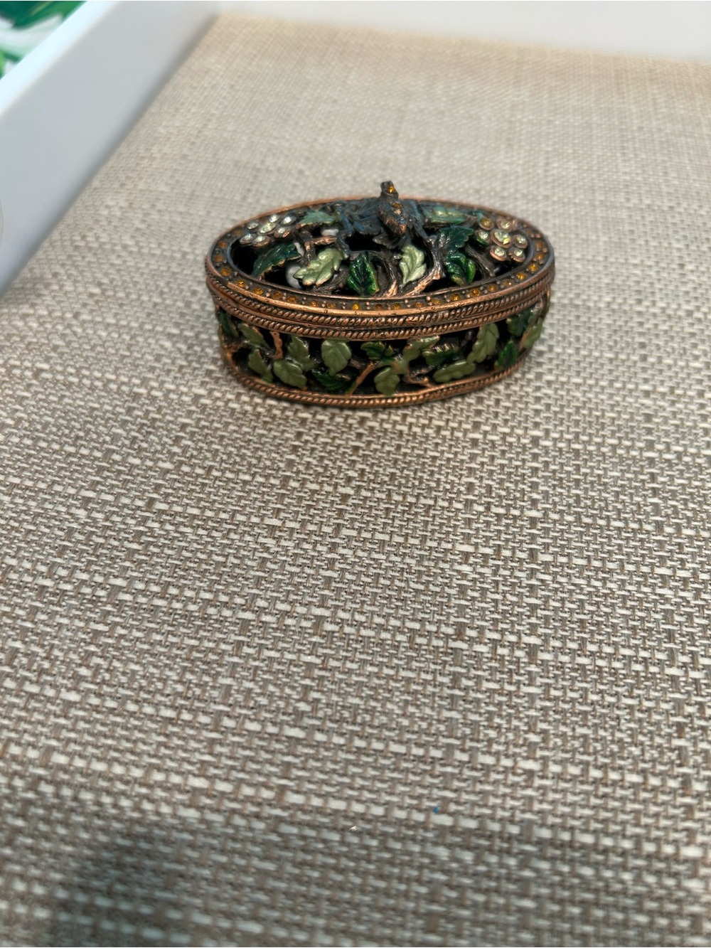 Oval Floral Trinket Box with Green Enamel Leaves